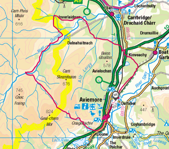 The Burma Road is a famous 4km steep climb from Aviemore to the watershed between the Spey and Dulnain rivers with great views back across the Cairngorms.  Extending the route to explore the Dulnain valley and a section of General Wade’s Military Road around Carrbridge makes for an exceptional day out